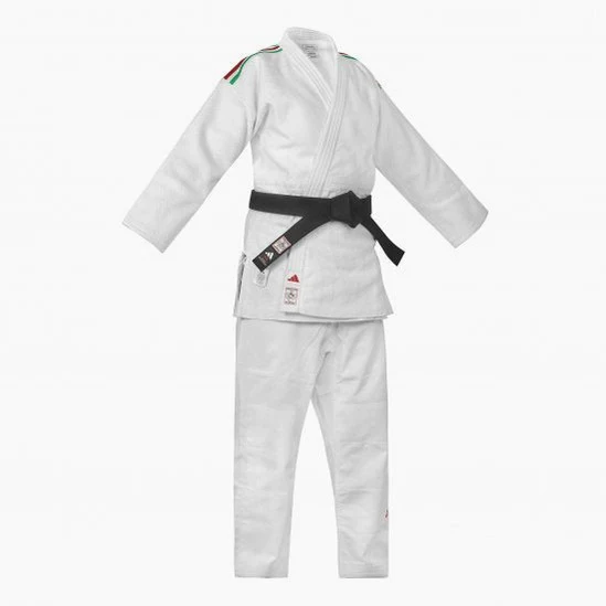 Fato judo branco Adidas J730 Champion III IJF slim listras Itália 